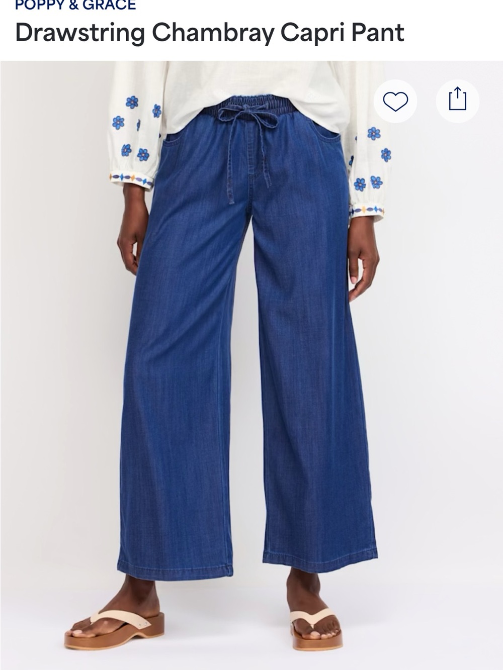Blue Drawstring Chambray Capri Pant
